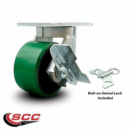 Service Caster 6'' Heavy Duty Green Poly on Cast Iron Caster with Brake and Swivel Lock CRAN-SCC-KP92S630-PUR-GB-SLB-BSL